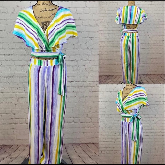 NWT DO+BE Striped Watercolor Print Open Back Crop Top & Wide Leg Pants Set - Picture 1 of 2